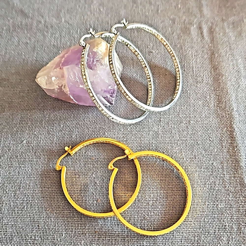 Set 2 pair silver & gold tone hoop earrings w clear crystals stainless steel EUC